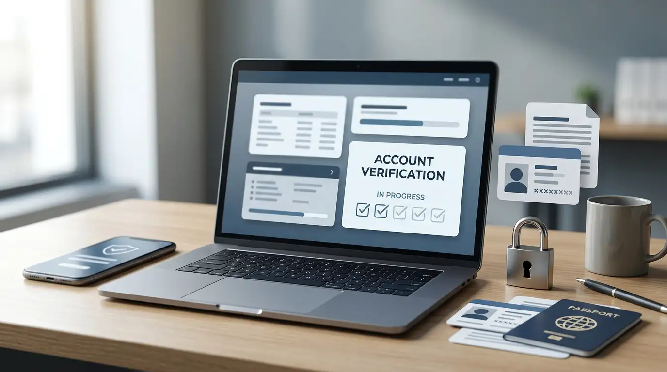 Laptop beside identity-document shapes and account verification status cards on a desk