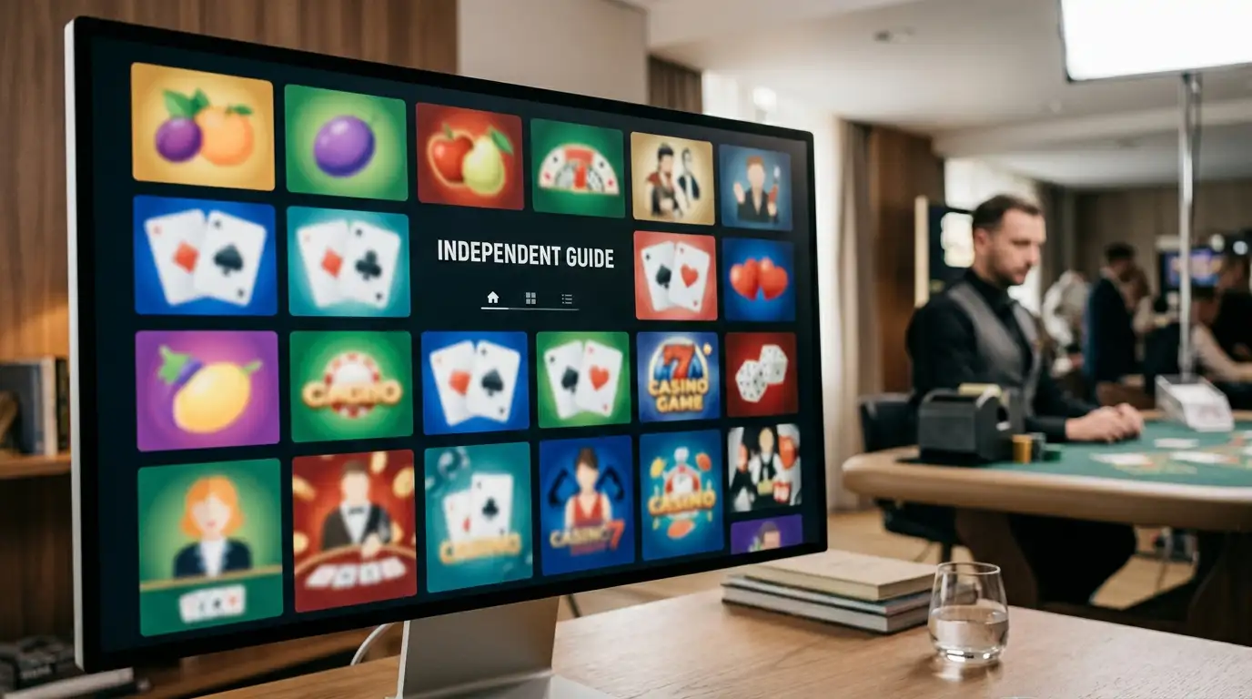 Game library displayed on a widescreen monitor beside a live-dealer table setting