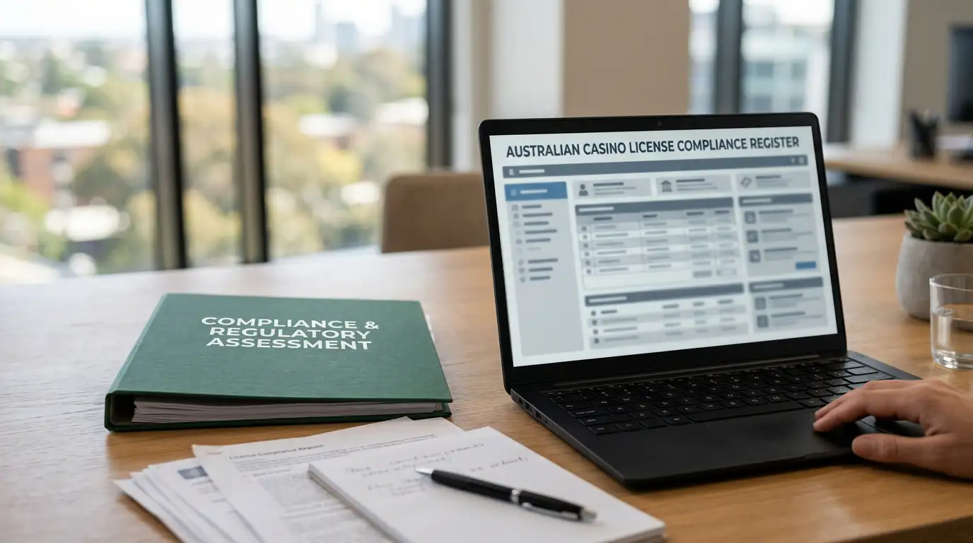 Document folder beside a laptop showing an abstract compliance register layout without readable text