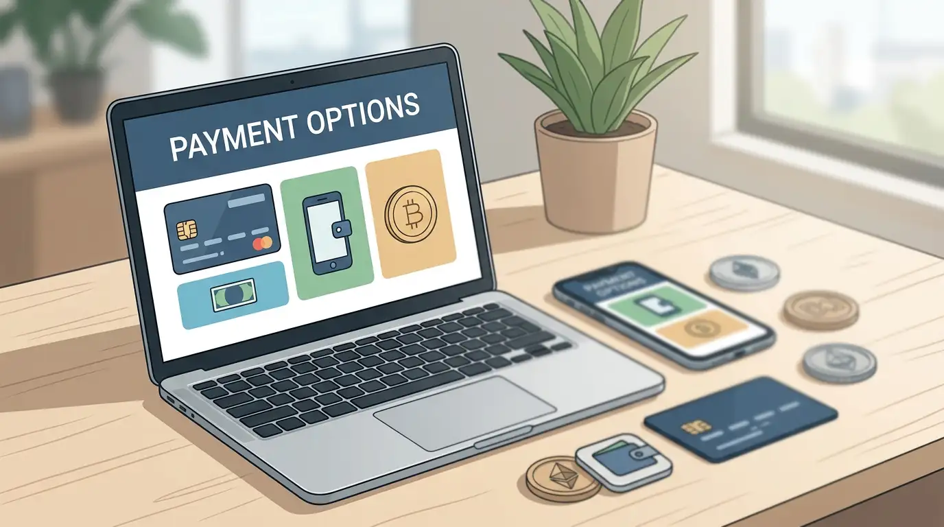 Phone and laptop beside generic card, wallet and crypto payment objects on a neutral desk