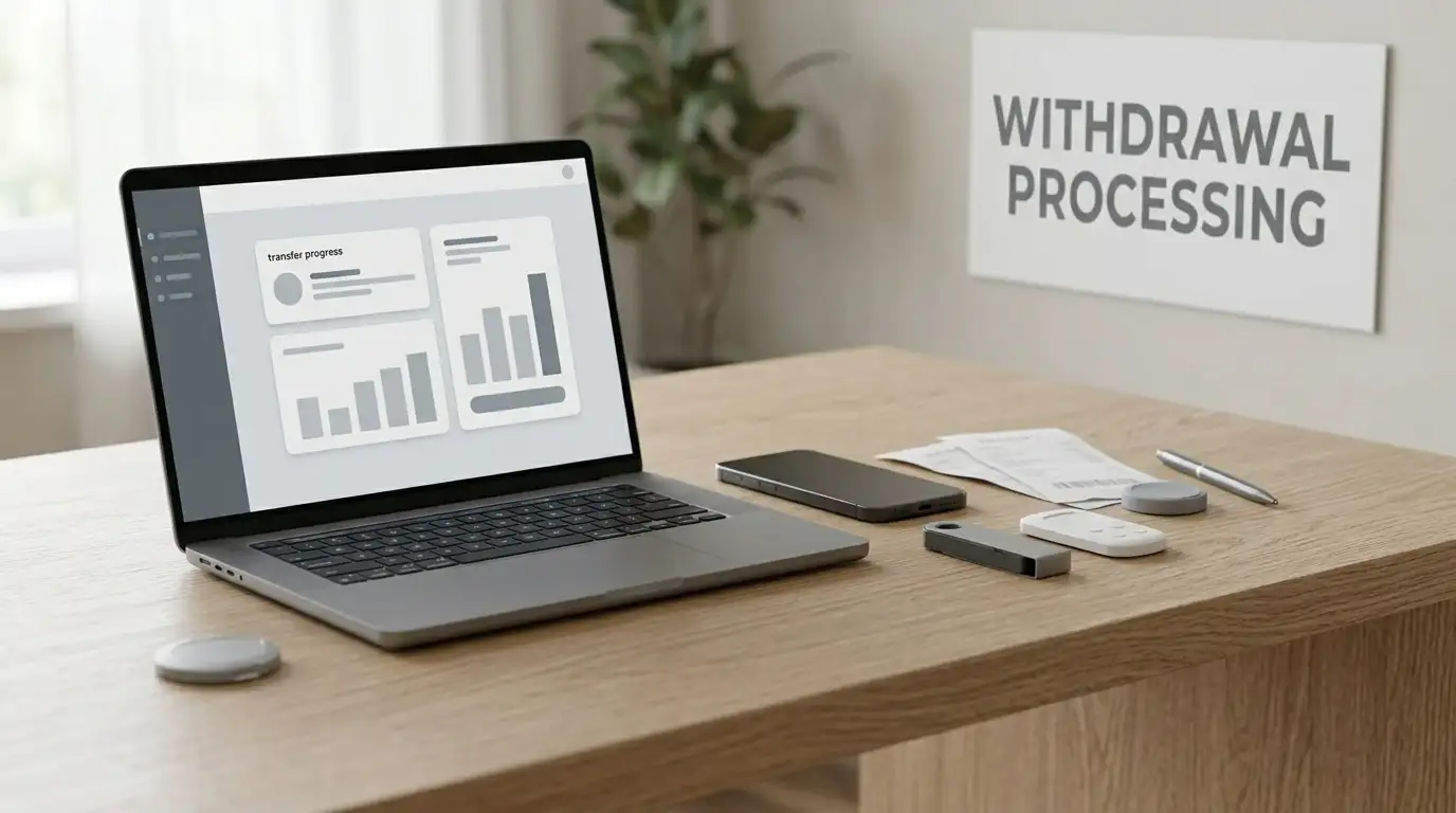 Laptop, phone and neutral banking objects arranged beside a transfer receipt on a desk
